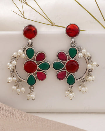Vintage Floral Red & Green Stone Drop Earrings with Pearl Dangles