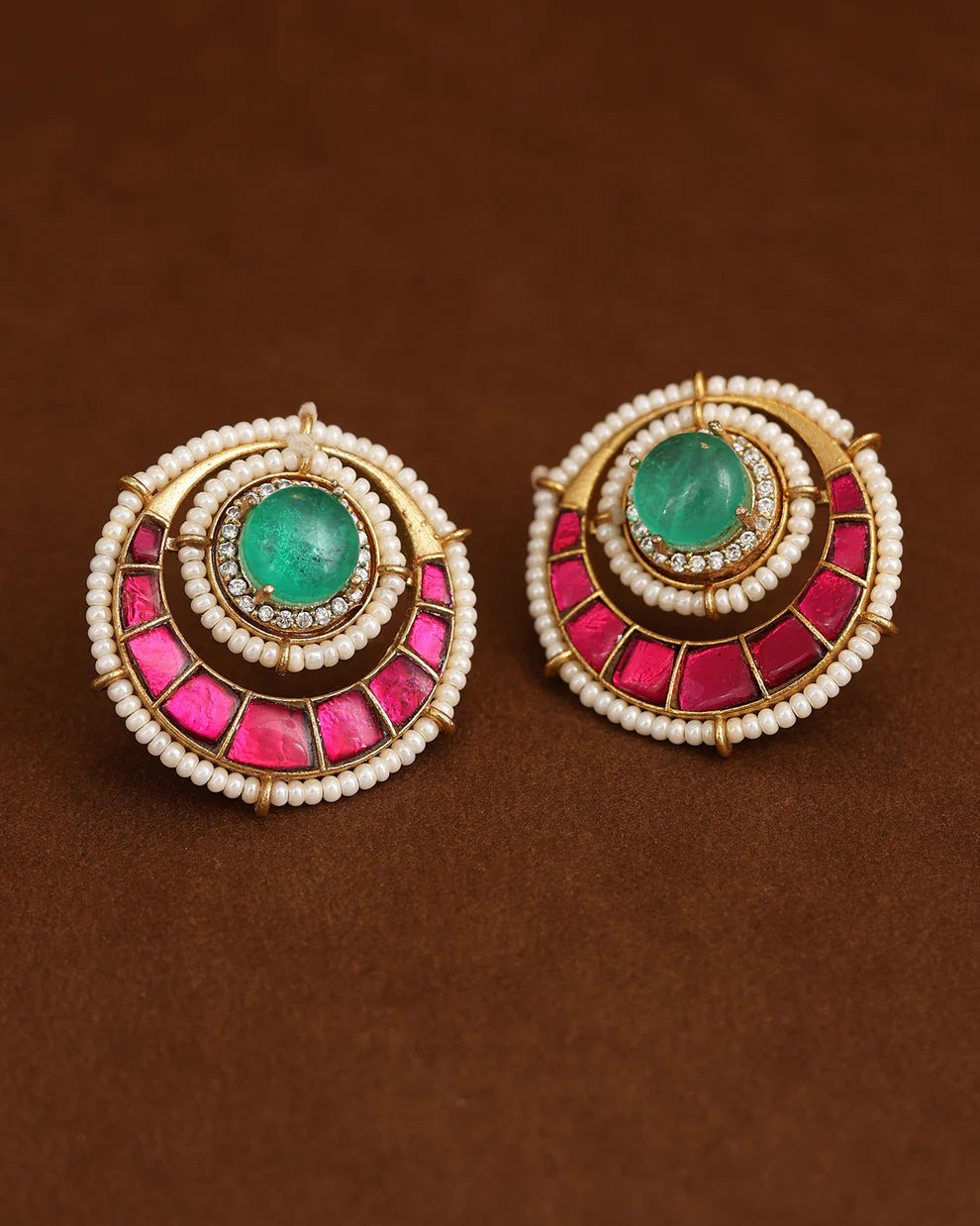 Elegant Kundan-Inspired Pearl & Emerald Green Statement Stud Earrings