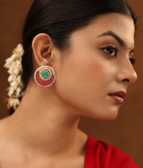 Elegant Kundan-Inspired Pearl & Emerald Green Statement Stud Earrings