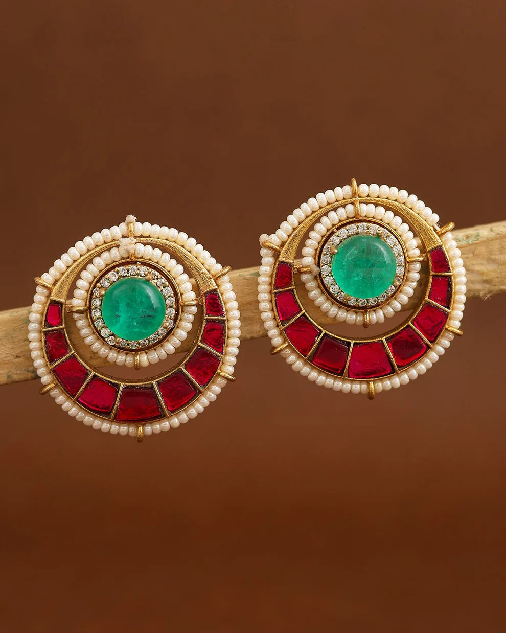 Elegant Kundan-Inspired Pearl & Emerald Green Statement Stud Earrings
