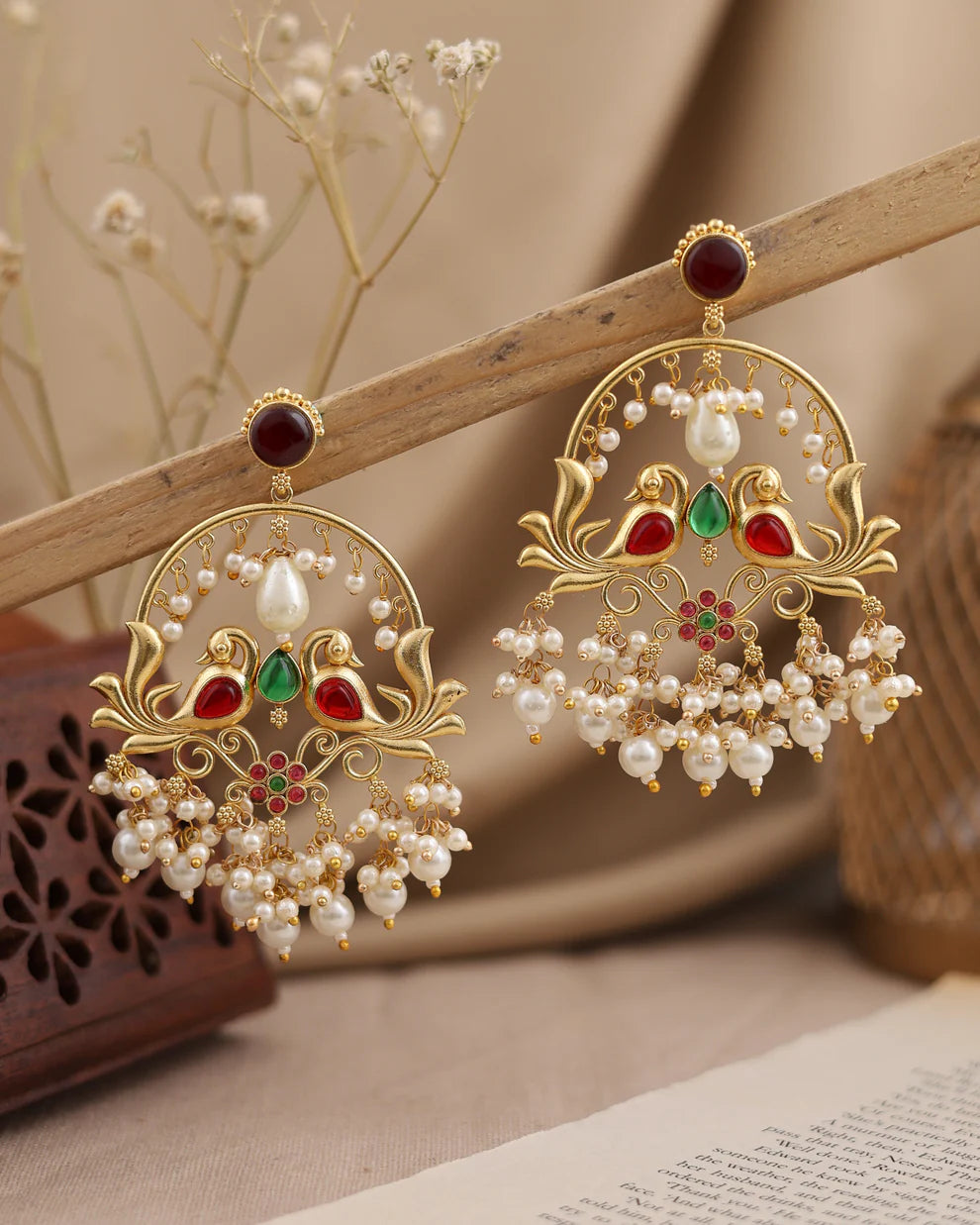 Traditional Gold-Tone Red Stone & Pearl Drop Earrings with Circular Stud