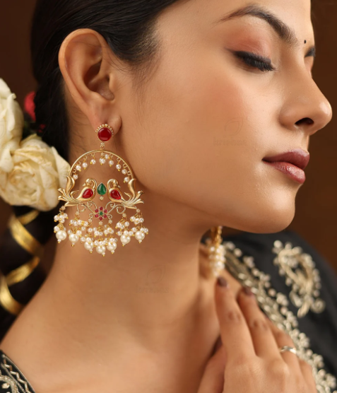 Traditional Gold-Tone Red Stone & Pearl Drop Earrings with Circular Stud