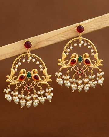 Traditional Gold-Tone Red Stone & Pearl Drop Earrings with Circular Stud