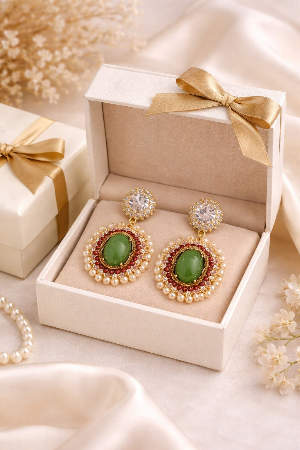 Royal Emerald Pearl Halo Drop Earring