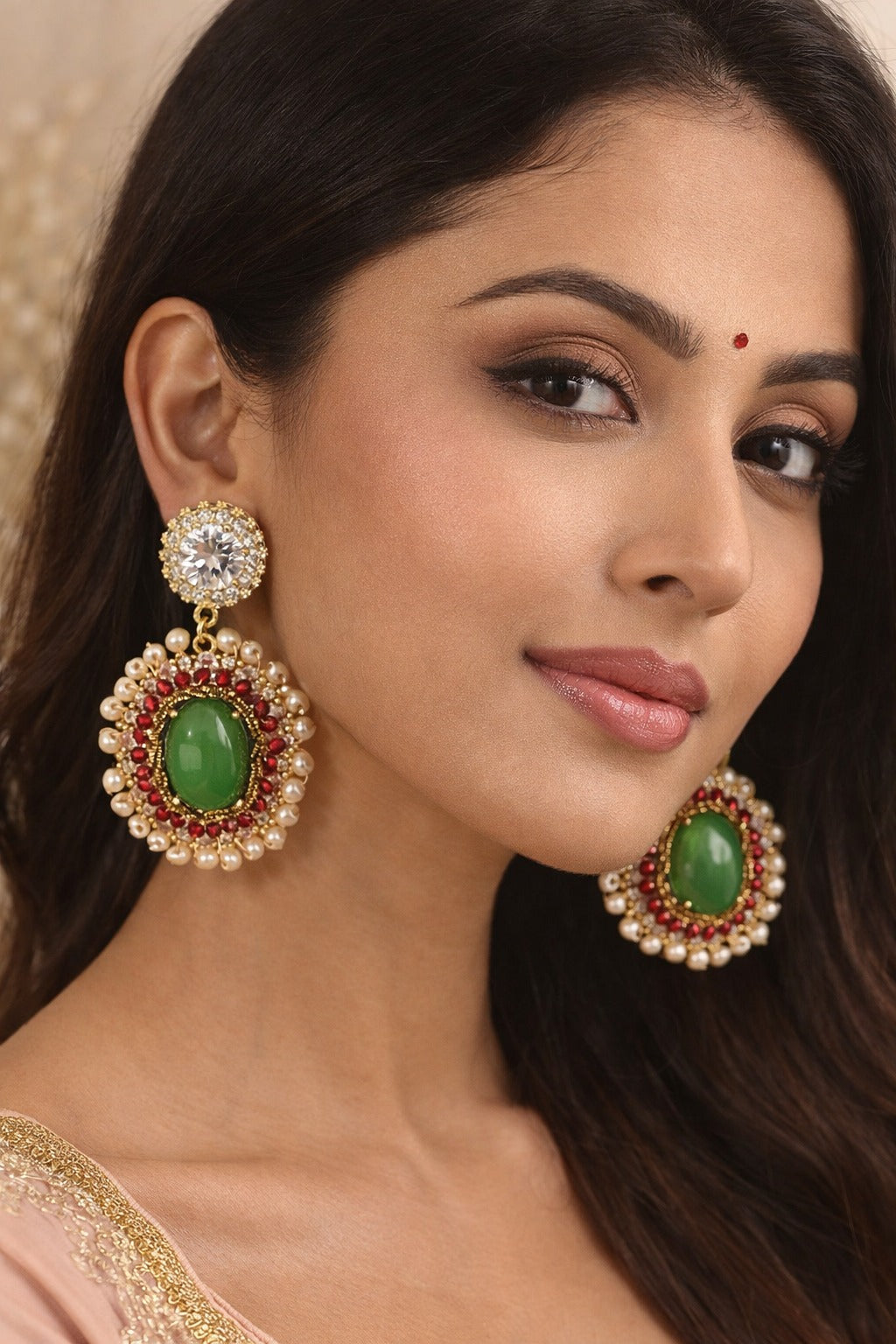 Royal Emerald Pearl Halo Drop Earring