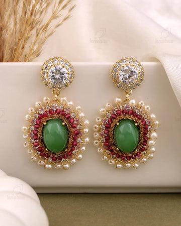 Royal Emerald Pearl Halo Drop Earring