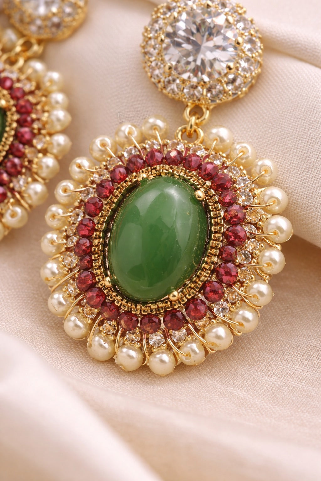 Royal Emerald Pearl Halo Drop Earring