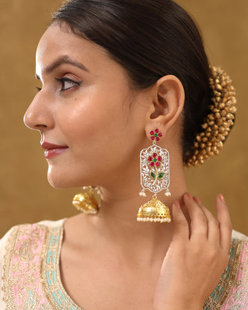 Floral Jhumka Earrings with Pearl Drops