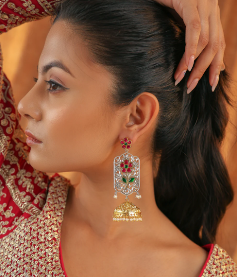 Floral Jhumka Earrings with Pearl Drops