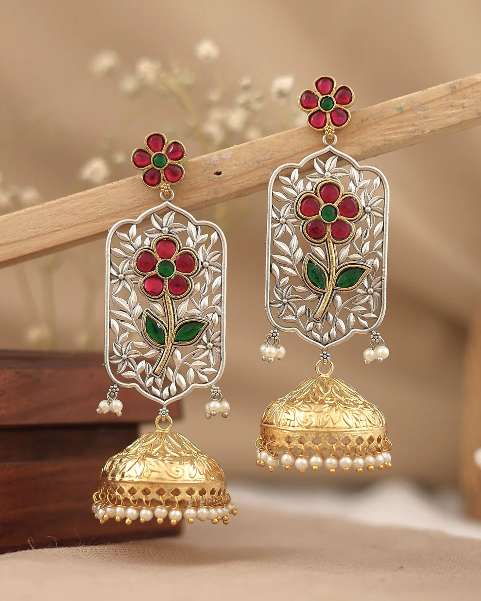 Floral Jhumka Earrings with Pearl Drops