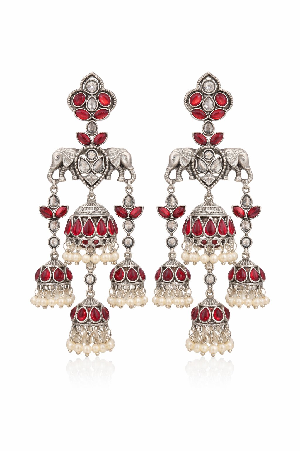 Ruby Stone Jhumka Earrings with Pearl Drops