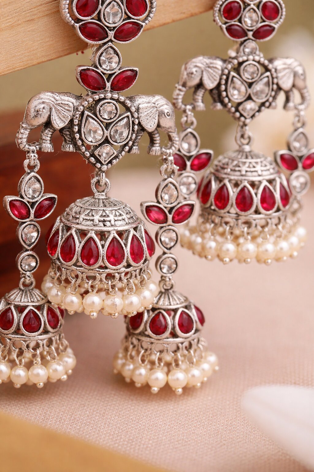 Ruby Stone Jhumka Earrings with Pearl Drops