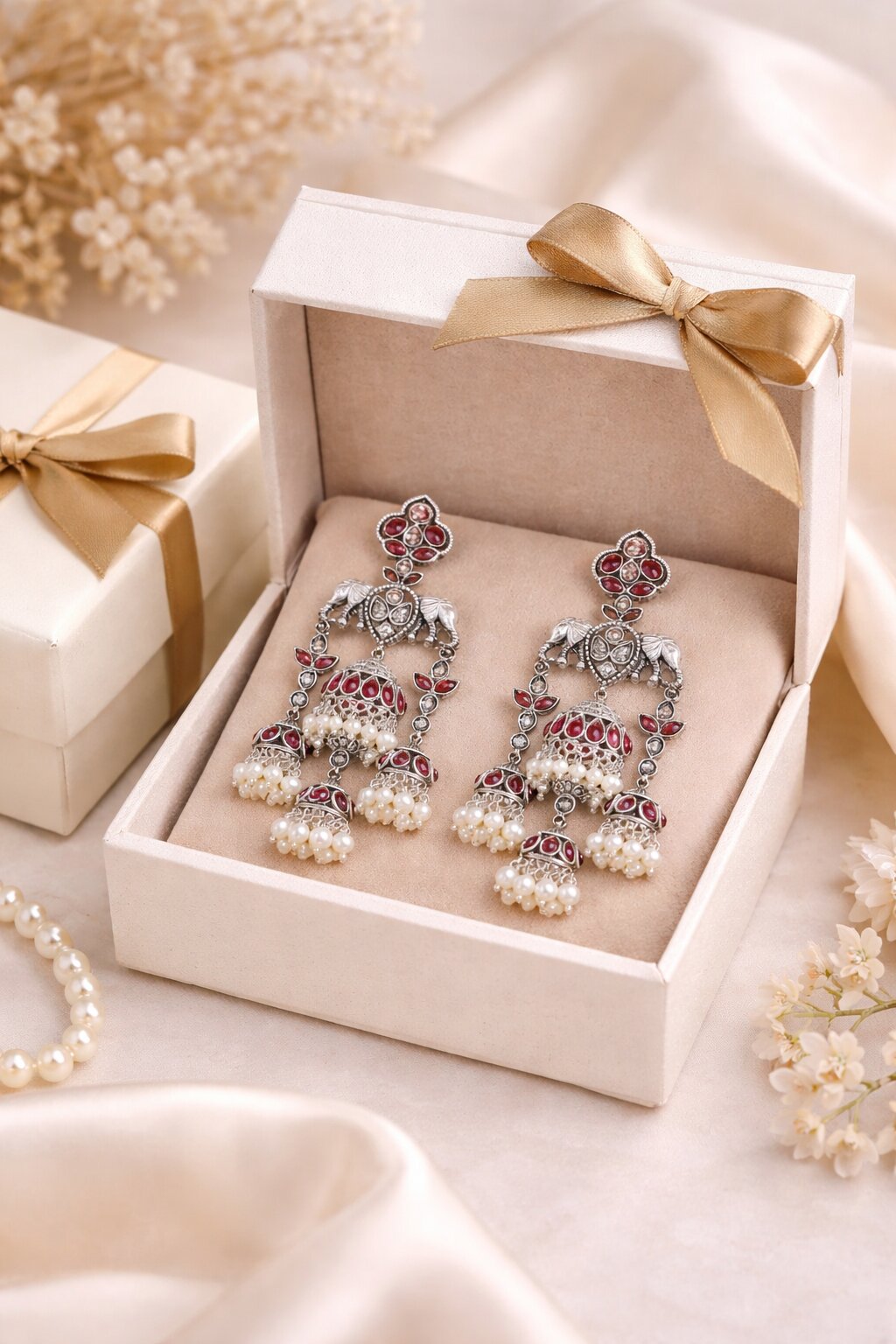 Ruby Stone Jhumka Earrings with Pearl Drops