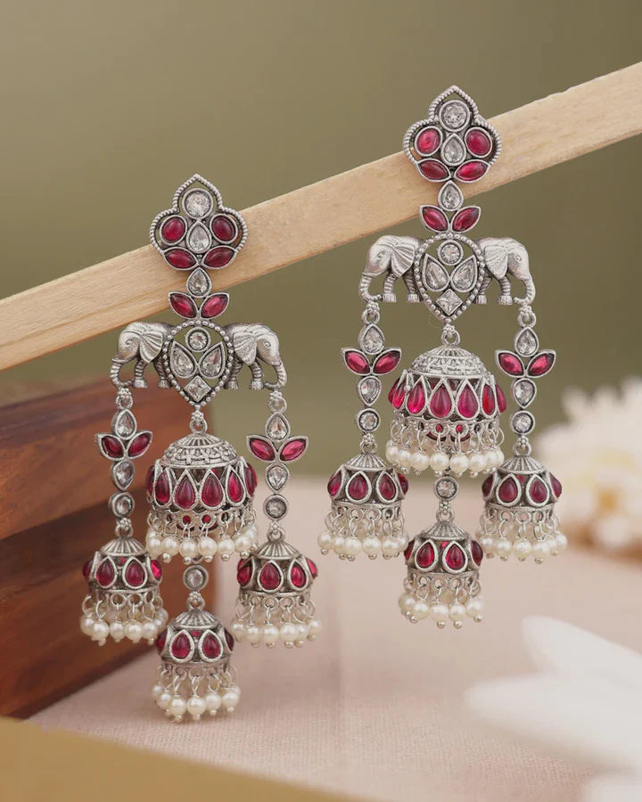 Ruby Stone Jhumka Earrings with Pearl Drops