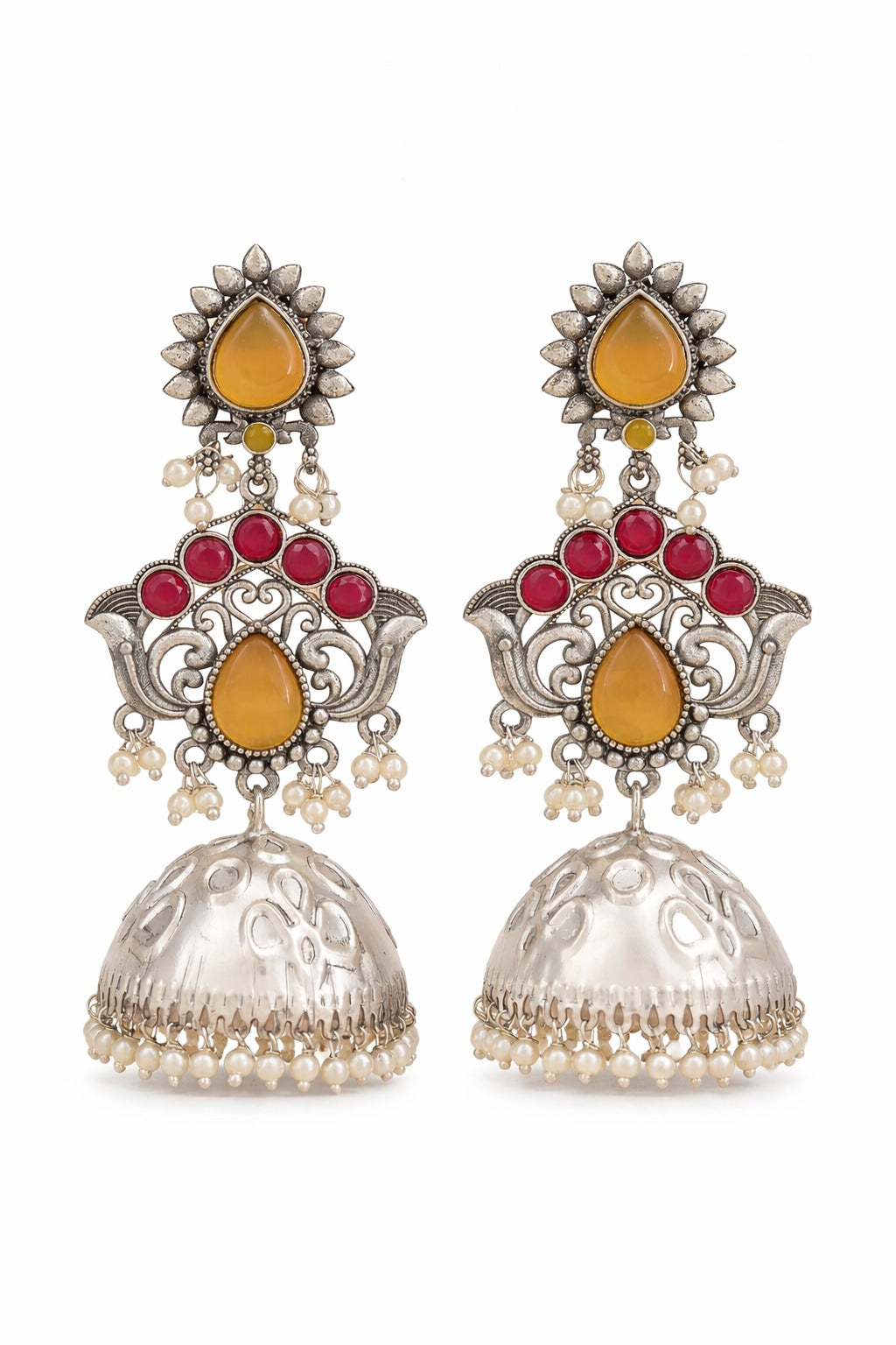Antique Silver Jhumka Earrings with Amber Stones & Pearl Drops