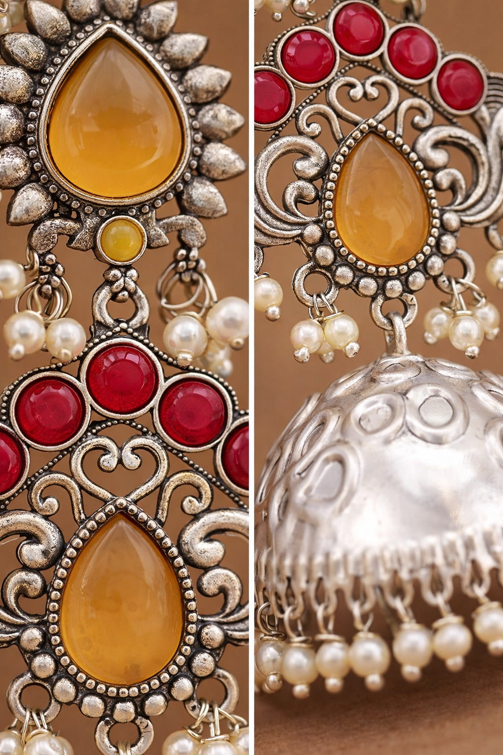 Antique Silver Jhumka Earrings with Amber Stones & Pearl Drops