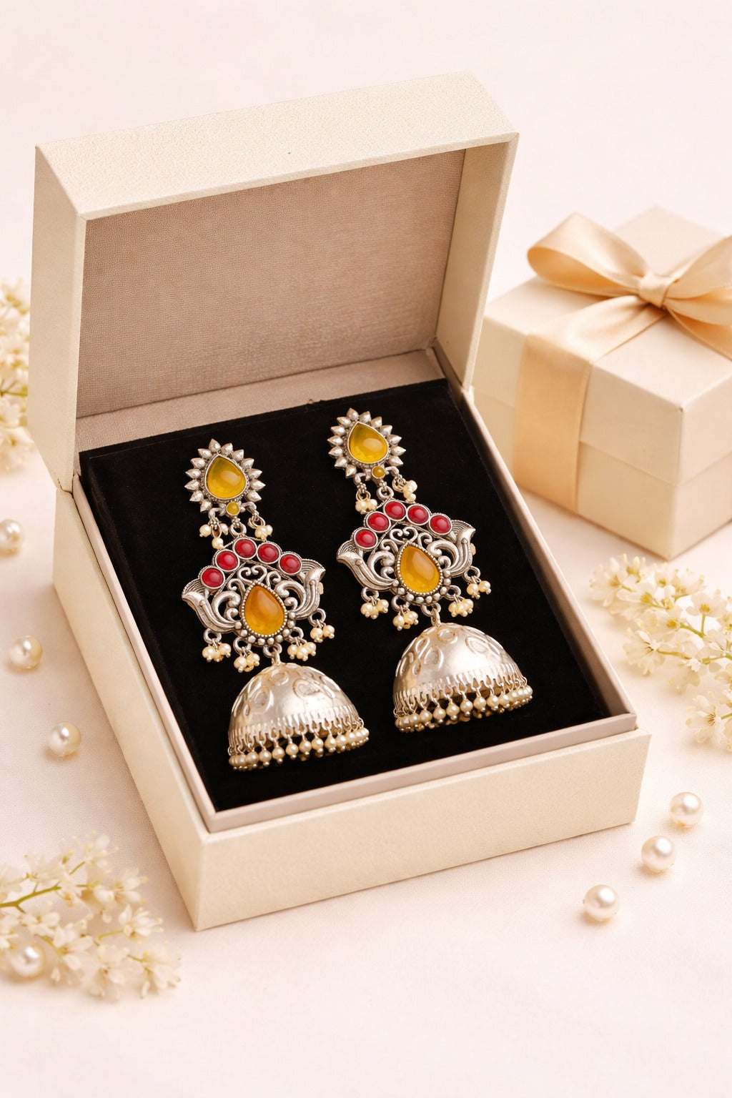 Antique Silver Jhumka Earrings with Amber Stones & Pearl Drops
