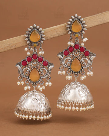 Antique Silver Jhumka Earrings with Amber Stones & Pearl Drops
