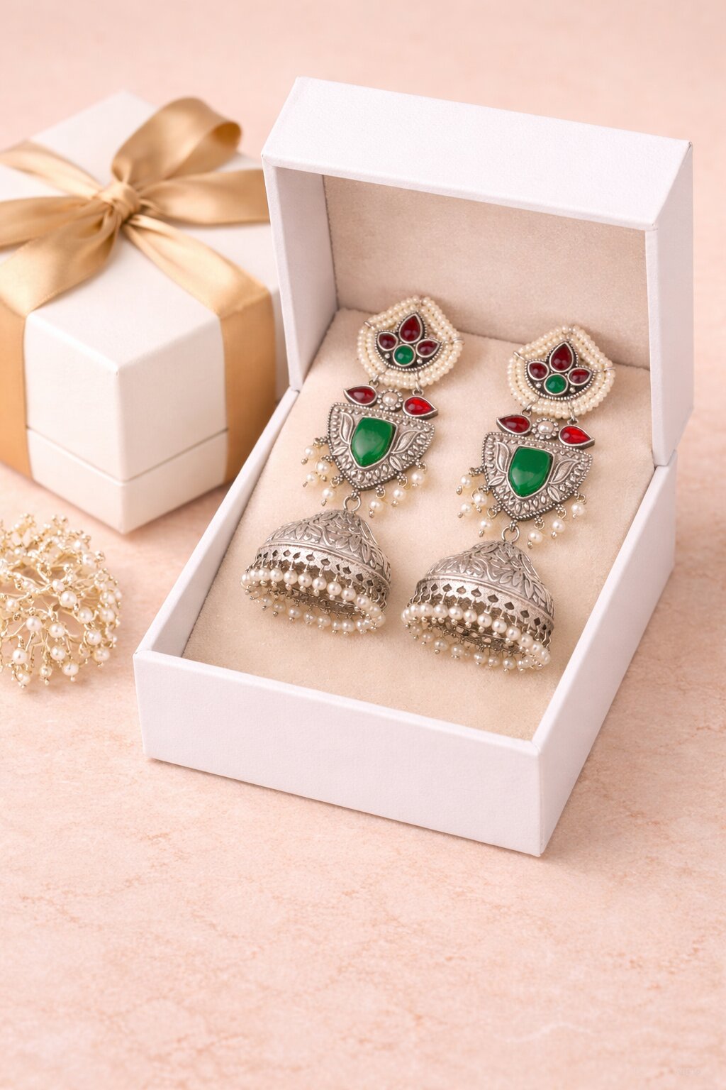 Oxidised Silver Kundan Jhumka Earring
