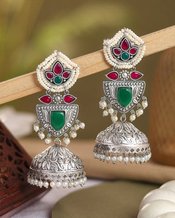 Oxidised Silver Kundan Jhumka Earring