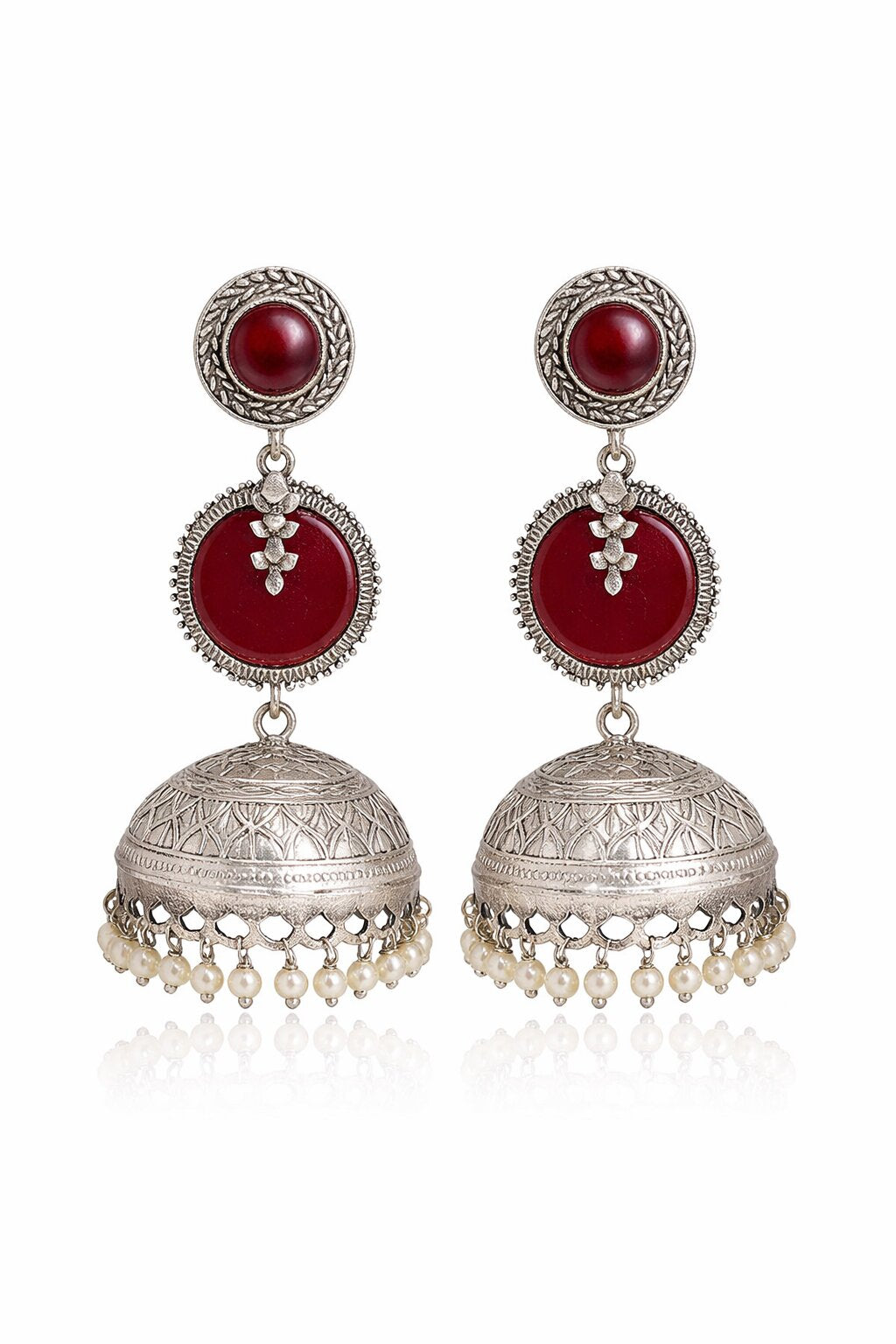 Oxidised Silver Red Stone Jhumka Earring