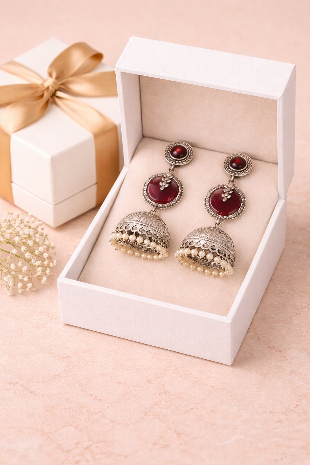 Oxidised Silver Red Stone Jhumka Earring