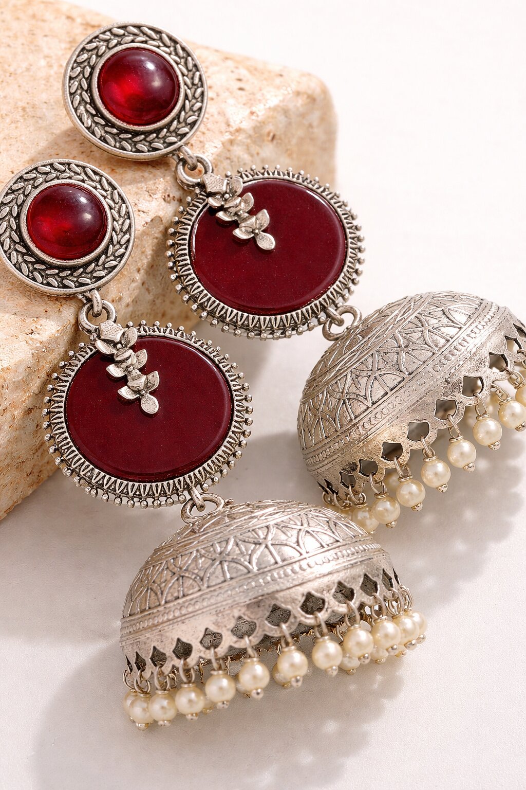 Oxidised Silver Red Stone Jhumka Earring