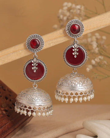 Oxidised Silver Red Stone Jhumka Earring