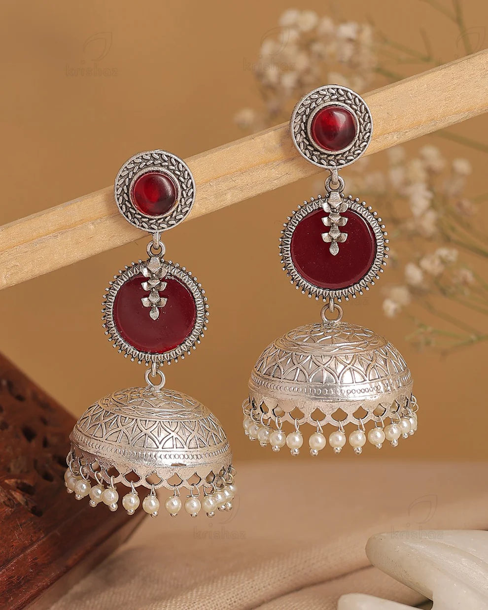 Oxidised Silver Red Stone Jhumka Earring