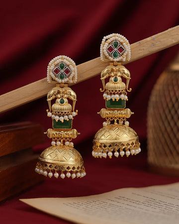 Royal Elephant Motif Gold-Plated Jhumka Earring
