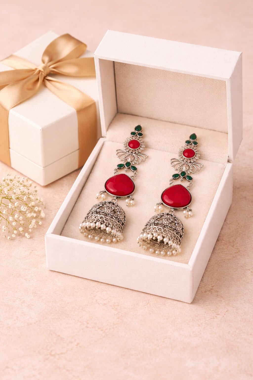 Antique Silver-Tone Red & Green Stone Floral Jhumka Earring