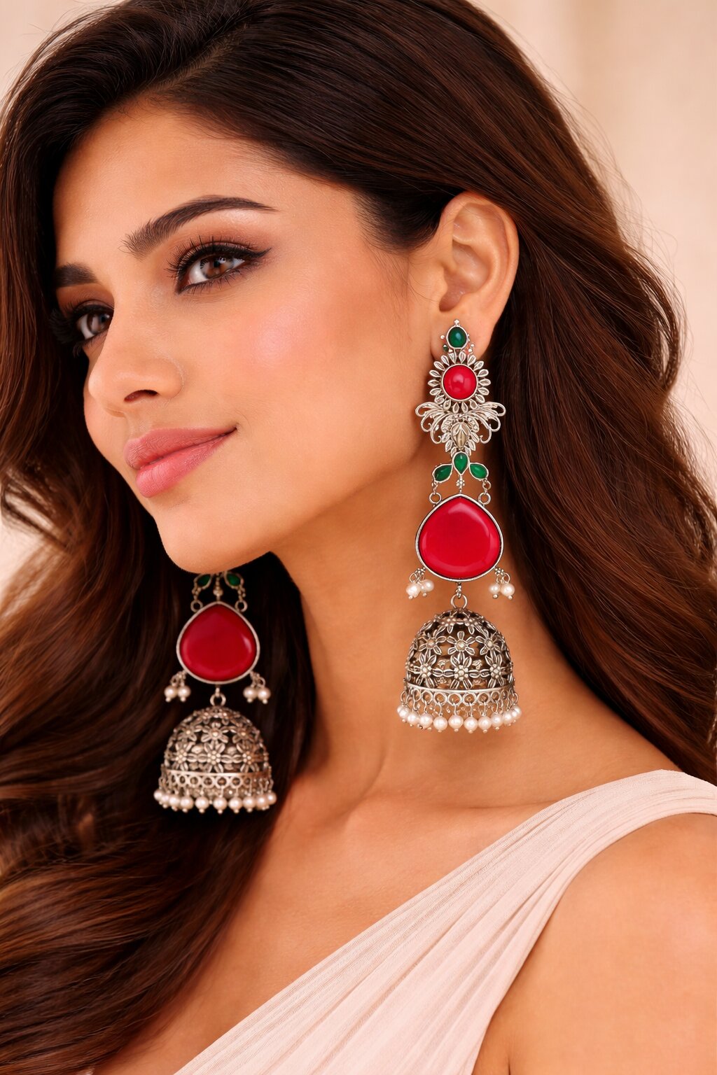 Antique Silver-Tone Red & Green Stone Floral Jhumka Earring