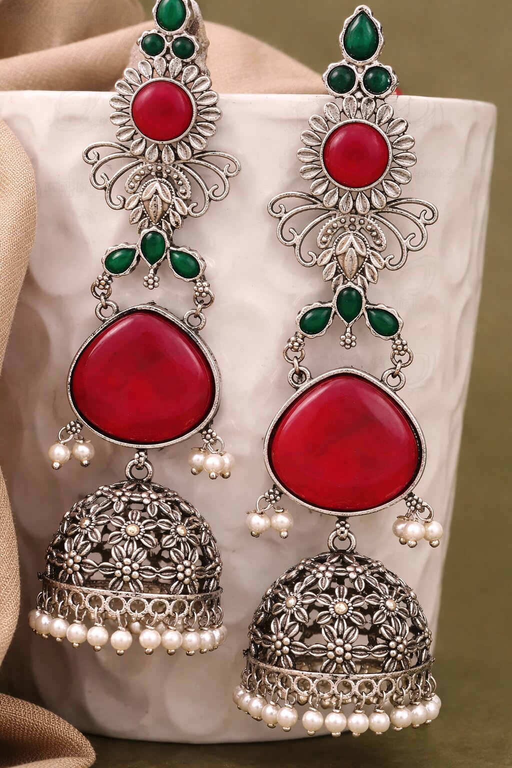 Antique Silver-Tone Red & Green Stone Floral Jhumka Earring