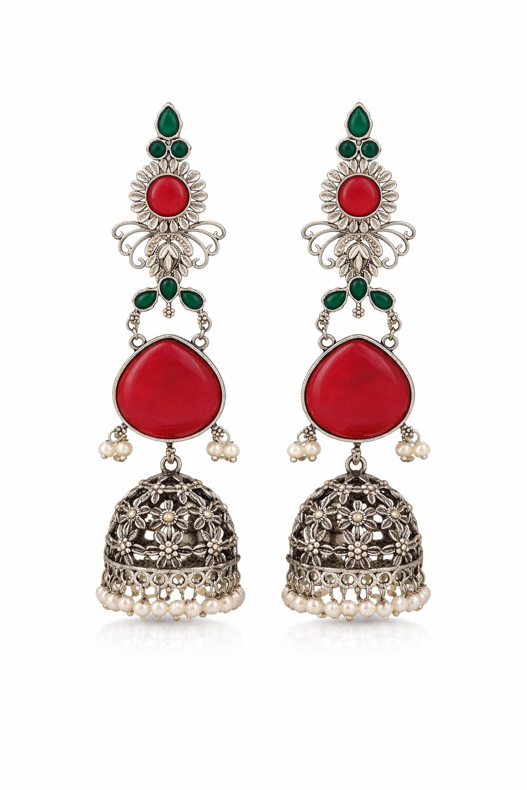 Antique Silver-Tone Red & Green Stone Floral Jhumka Earring