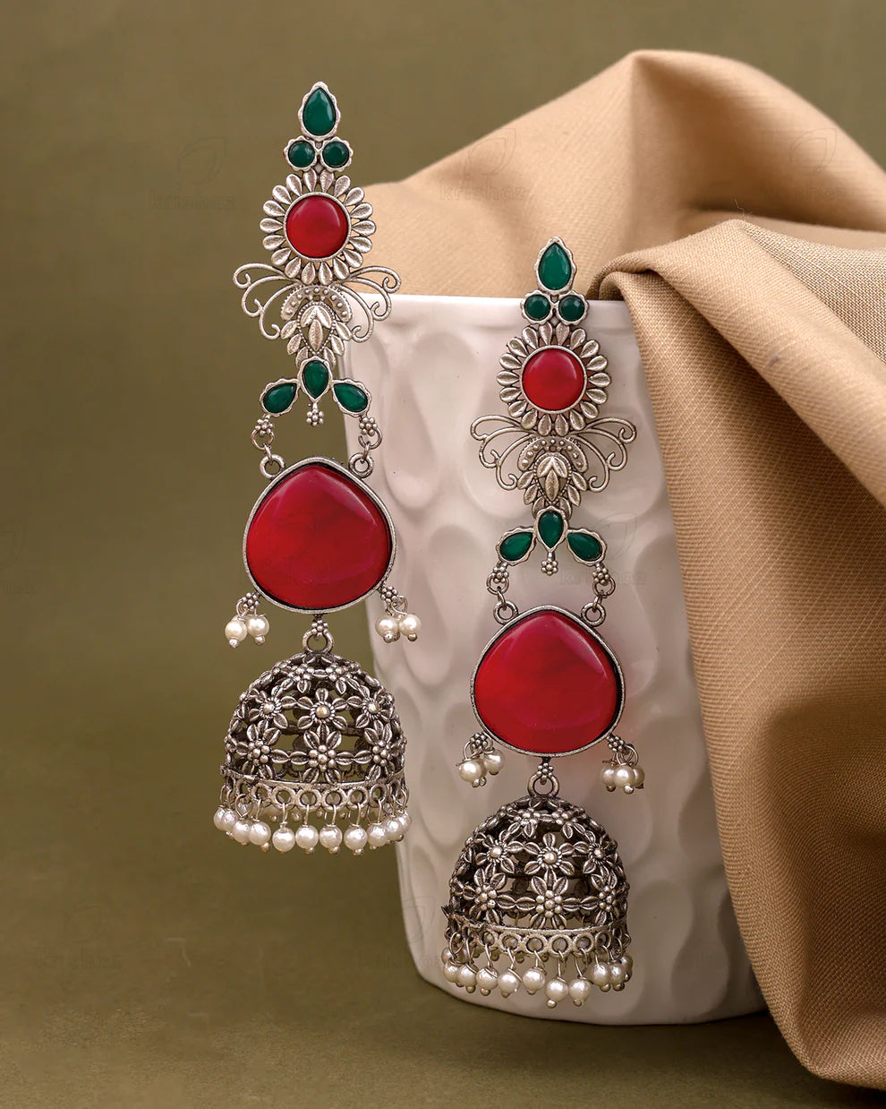 Antique Silver-Tone Red & Green Stone Floral Jhumka Earring