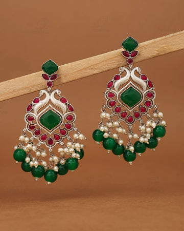 Peacock Motif Silver-Tone Chandbali Earring
