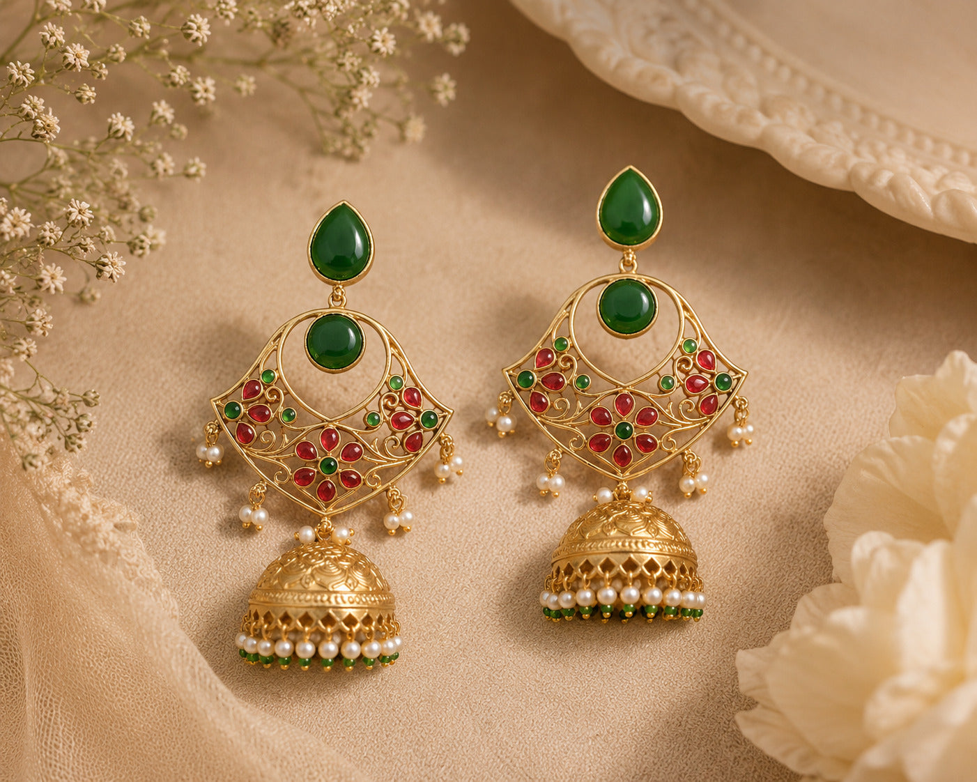 Royal Green & Ruby Stone Jhumka Earrings with Pearl Drops