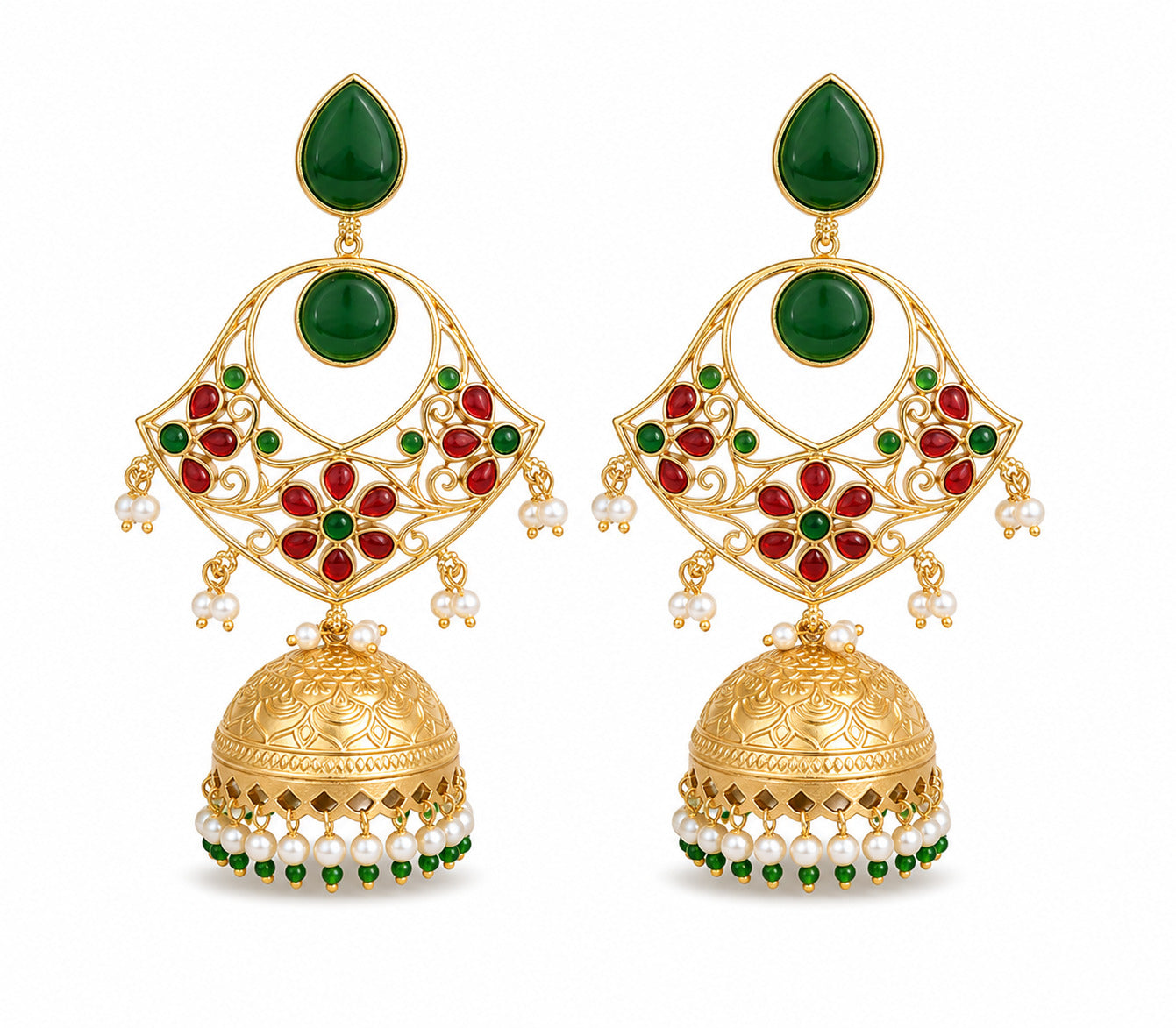 Royal Green & Ruby Stone Jhumka Earrings with Pearl Drops