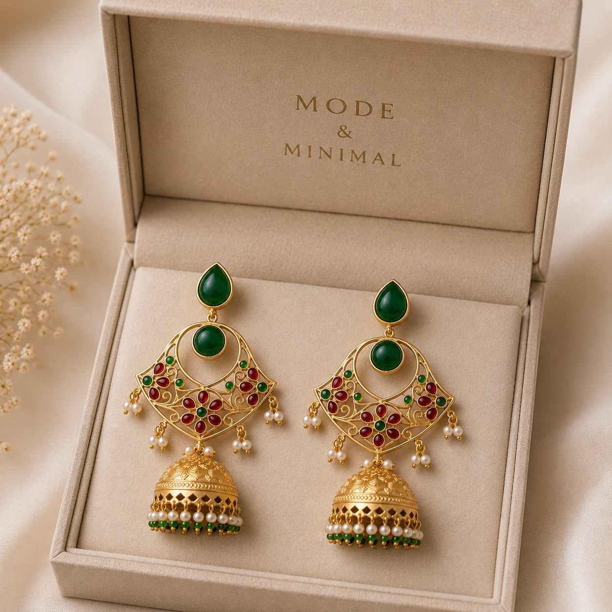 Royal Green & Ruby Stone Jhumka Earrings with Pearl Drops