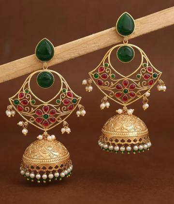 Royal Green & Ruby Stone Jhumka Earrings with Pearl Drops