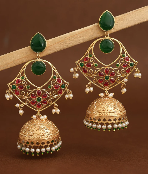 Royal Green & Ruby Stone Jhumka Earrings with Pearl Drops