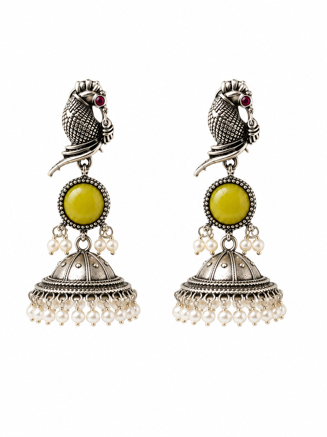 Oxidised Silver Parrot Jhumka Earring