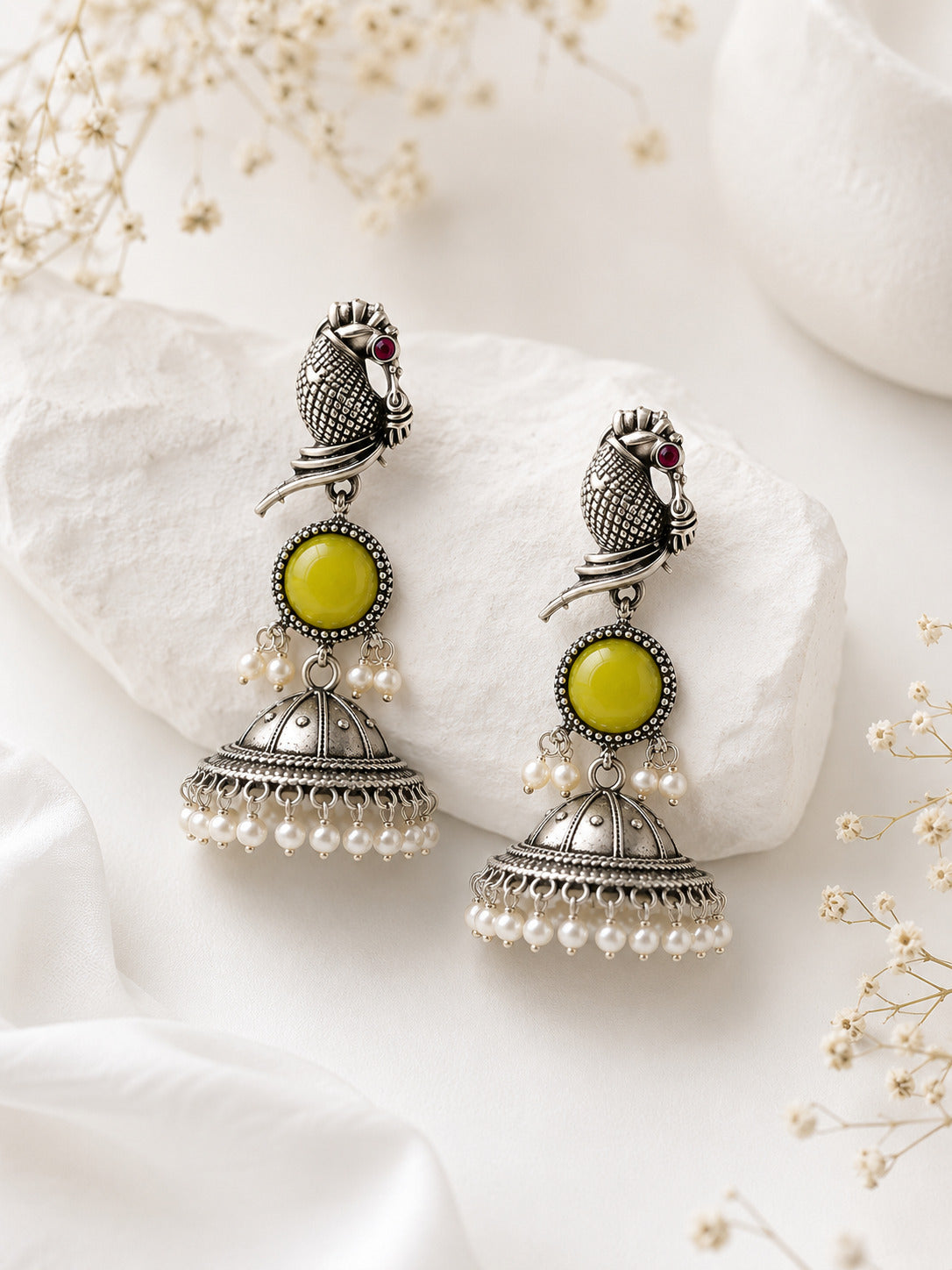 Oxidised Silver Parrot Jhumka Earring