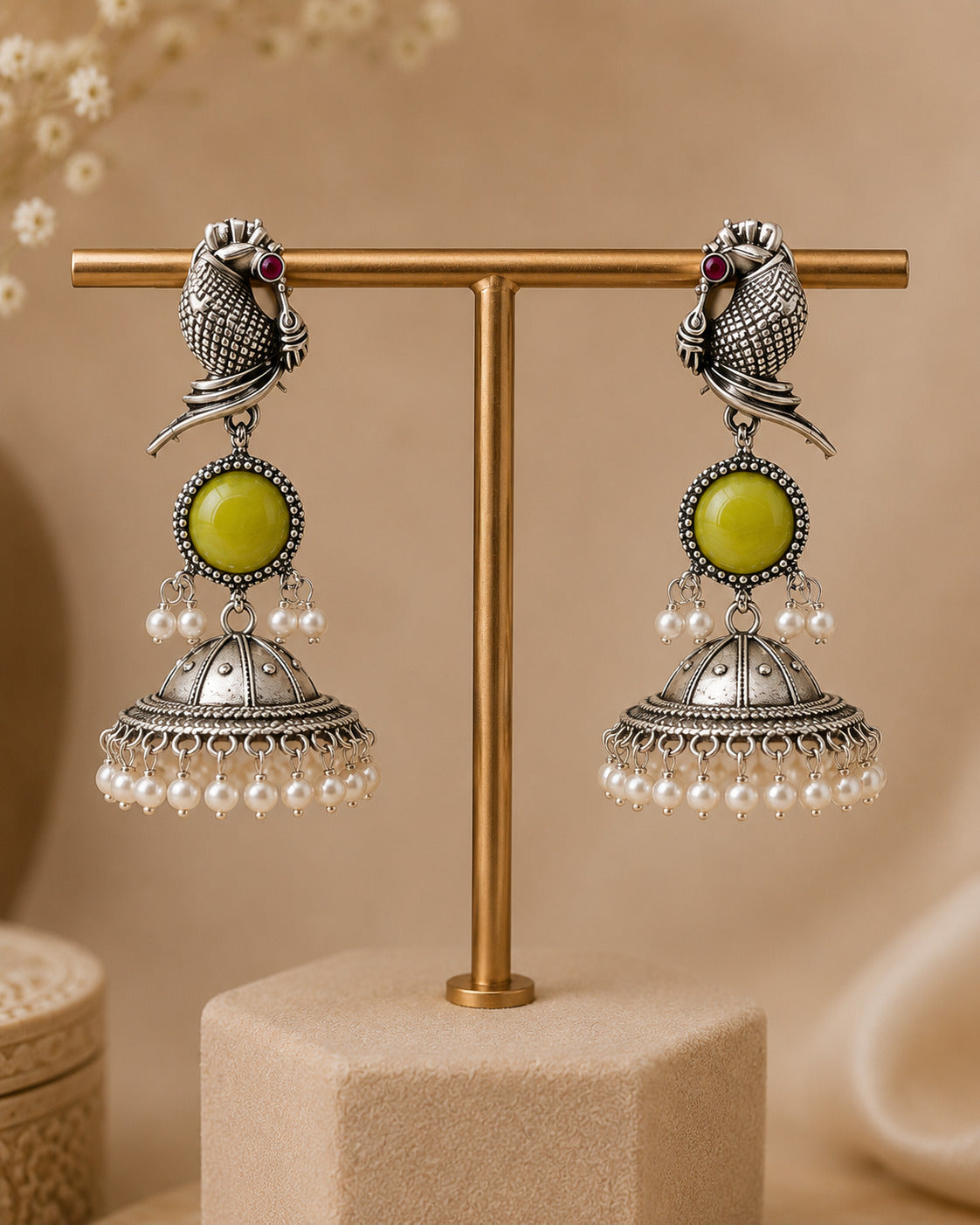 Oxidised Silver Parrot Jhumka Earring