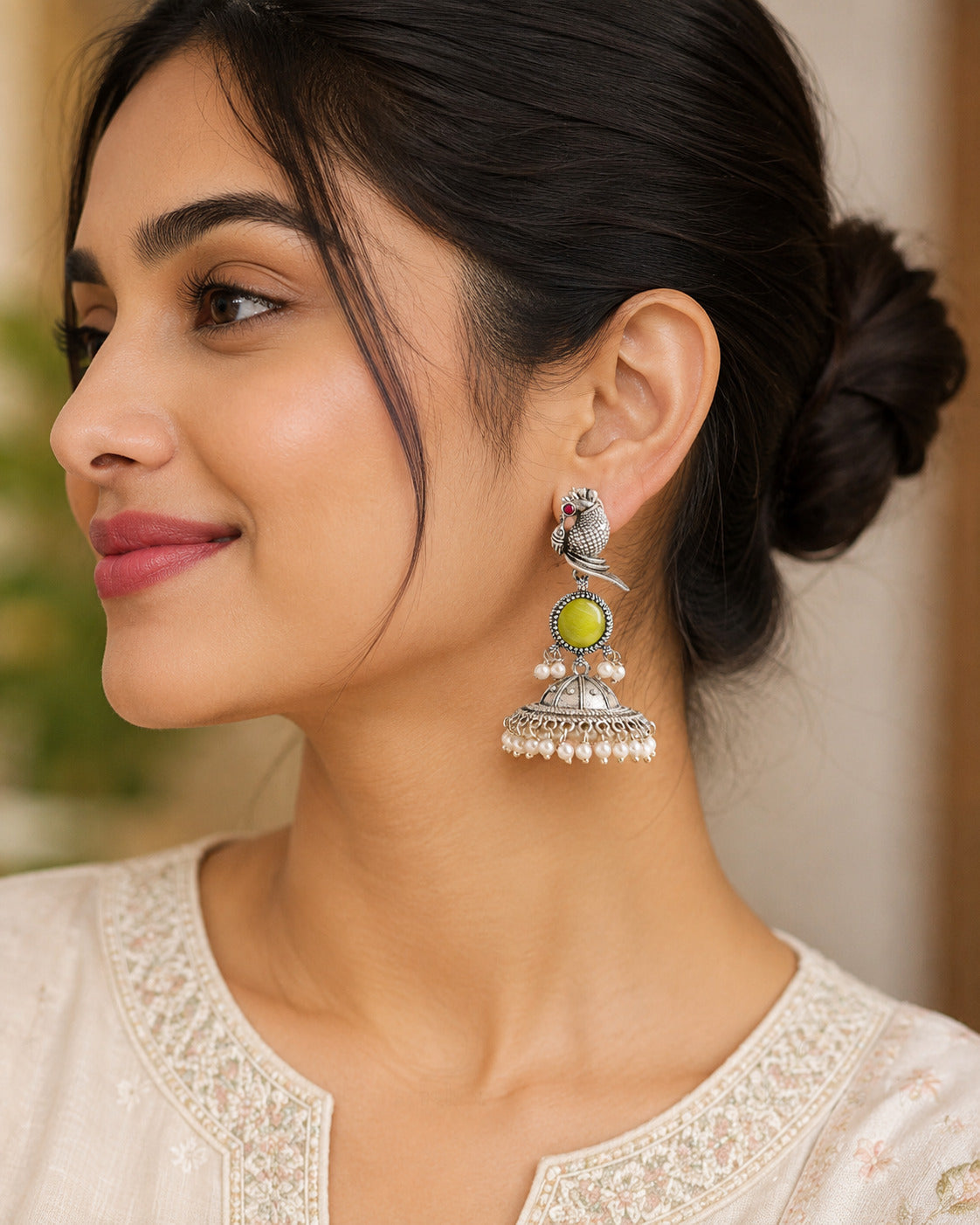 Oxidised Silver Parrot Jhumka Earring