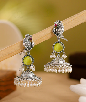 Oxidised Silver Parrot Jhumka Earring