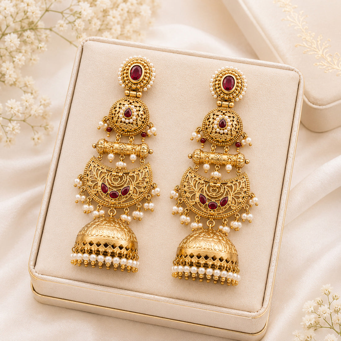 Gold-Plated Kundan & Ruby Red Stone Pearl Jhumka Chandbali Earring