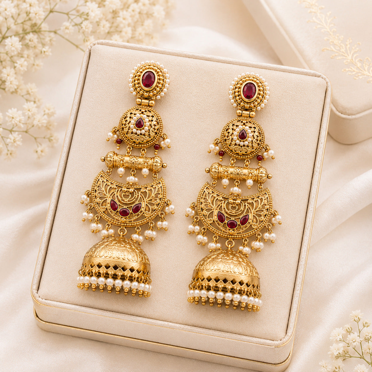 Gold-Plated Kundan & Ruby Red Stone Pearl Jhumka Chandbali Earring