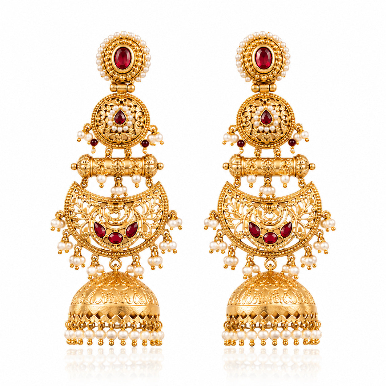 Gold-Plated Kundan & Ruby Red Stone Pearl Jhumka Chandbali Earring