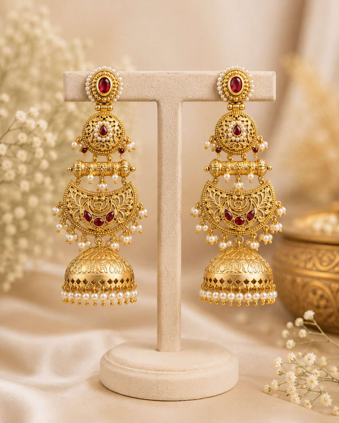 Gold-Plated Kundan & Ruby Red Stone Pearl Jhumka Chandbali Earring